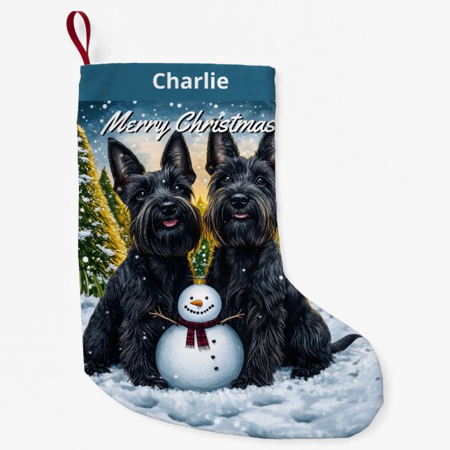 Scottish Terriers and Snowman Christmas Small Christmas Stocking (Front)