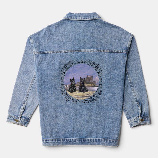 Scottish Terriers at Eilean Donan Castle Denim Jacket (Back)