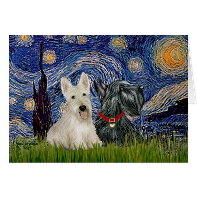 Scottish Terriers (two-BW) - Starry Night (Front Horizontal)