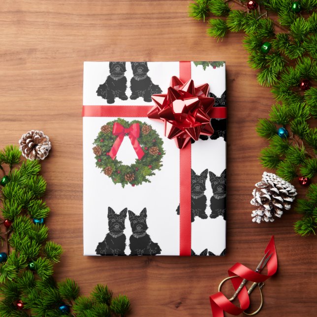 Scottish Terriers with Christmas Wreath  Wrapping Paper (Holiday Gift)