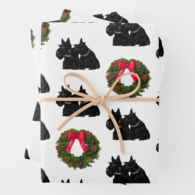 Scottish Terriers with Christmas Wreath Wrapping Paper Sheet (In situ)