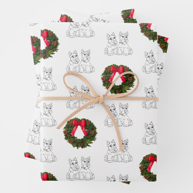 Scottish Terriers with Christmas Wreath Wrapping Paper Sheet (In situ)