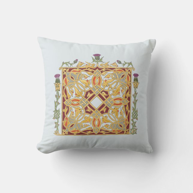 Scottish Thistle and Crown Red & Gold Celtic Knot Cushion (Front)