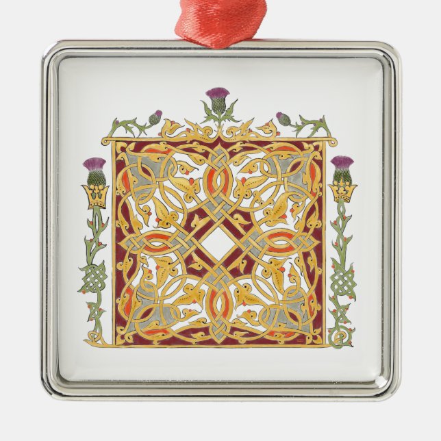 Scottish Thistle and Crown Red & Gold Celtic Knot Metal Tree Decoration (Front)