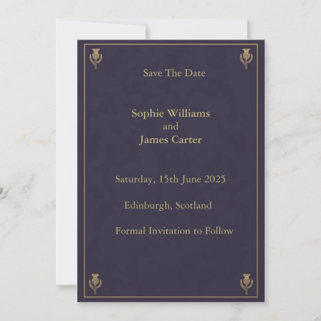 Scottish Thistle Burgundy Gold Save The Date (Front)