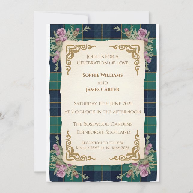Scottish Thistle Celtic Tartan Wedding Invitation  (Front)