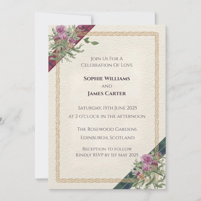 Scottish Thistle Celtic Tartan Wedding Invitation  (Front)