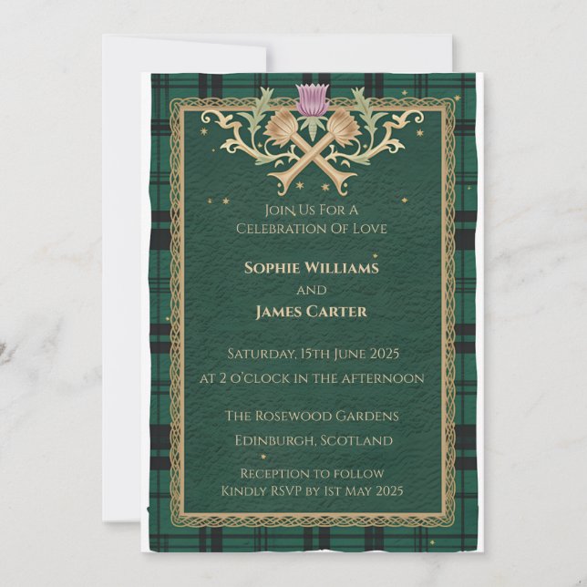 Scottish Thistle Celtic Tartan Wedding Invitation  (Front)