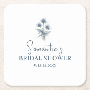 Scottish Thistle Dusty Blue Floral Bridal Shower Square Paper Coaster