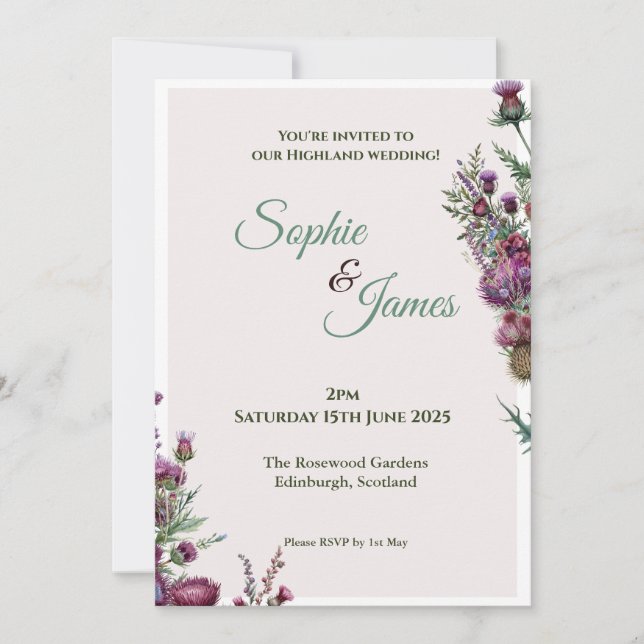 Scottish Thistle Floral Highland Wedding Invitation (Front)
