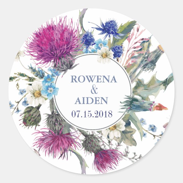Scottish Thistle Floral Wedding Classic Round Sticker (Front)