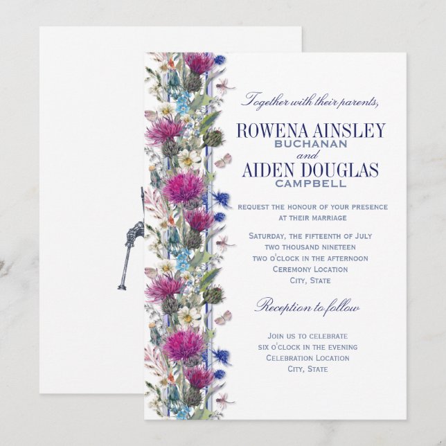 Scottish Thistle Floral Wedding Invitation (Front/Back)