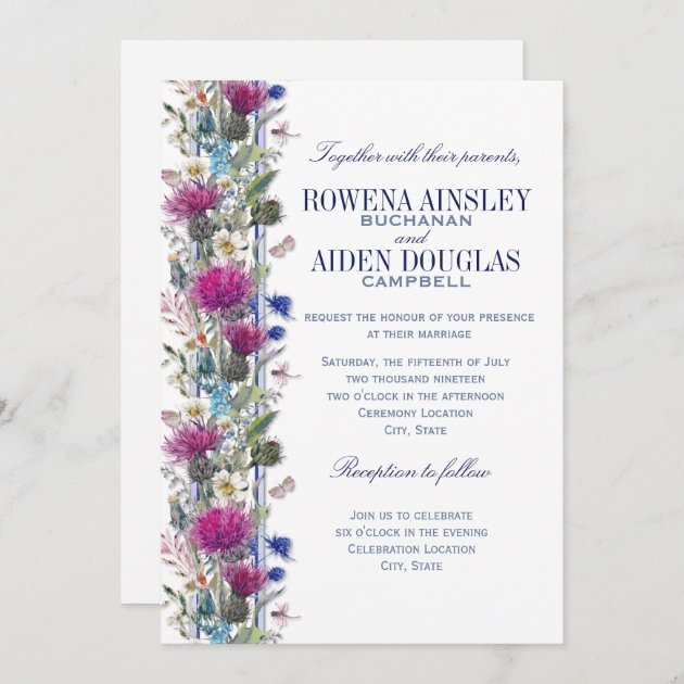 Red Scottish thistle Deer Floral Personalised Wedding Invitations Blue 
