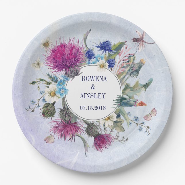 Scottish Thistle Floral Wedding Paper Plates (Front)