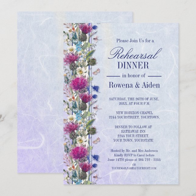 Scottish Thistle Floral Wedding Rehearsal Dinner Invitation (Front/Back)