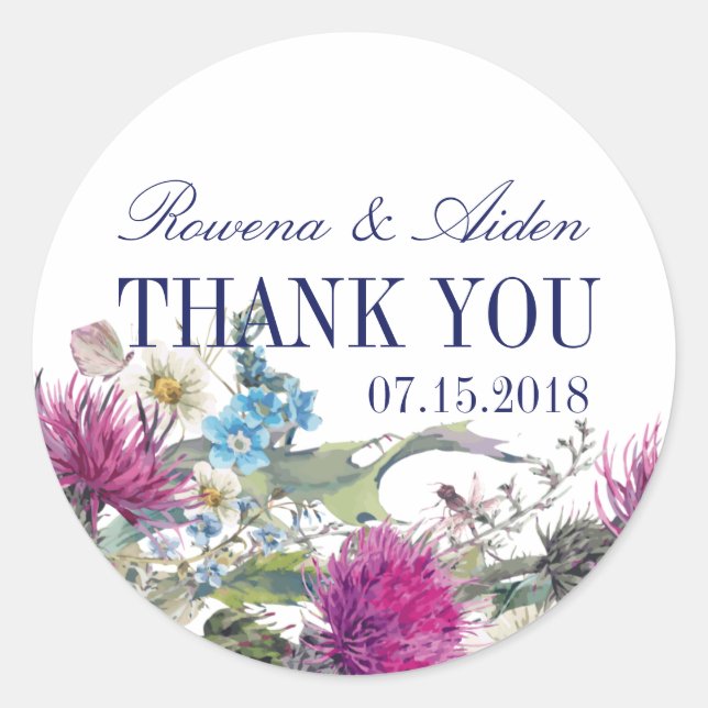 Scottish Thistle Floral Wedding Thank You Classic Round Sticker (Front)