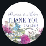 Scottish Thistle Floral Wedding Thank You Classic Round Sticker<br><div class="desc">Elegant Scottish wedding thank you sticker seals with a lovely floral theme. Featured is the magenta Thistle,  official flower of Scotland,  with daisies,  forget-me-nots,  blue sea holly and other florals. Customise text with your wedding information. Matching items in my store.</div>