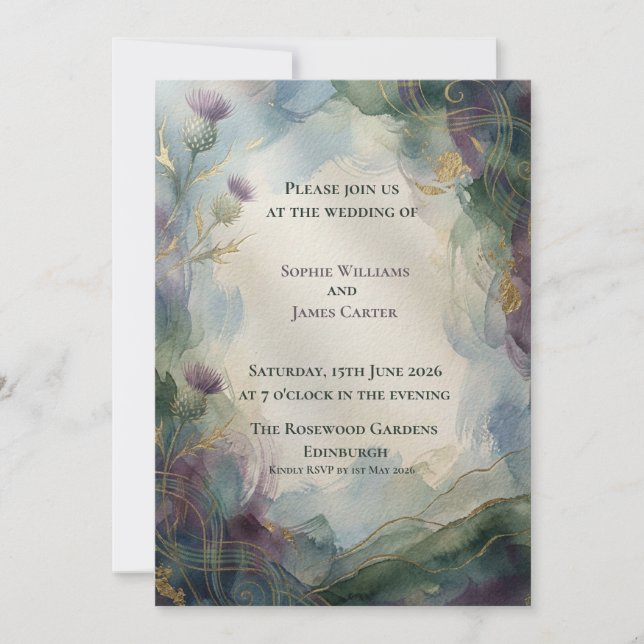 Scottish Thistle Gold Botanical Wedding Invitation (Front)