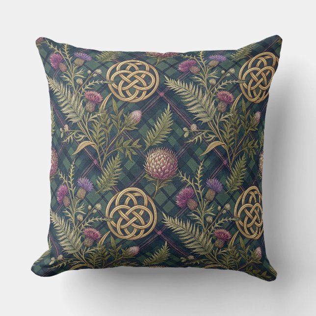 Scottish Thistle & Gold Celtic Knot Design Pattern Cushion (Front)