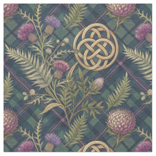 Scottish Thistle & Gold Celtic Knot Design Pattern Fabric