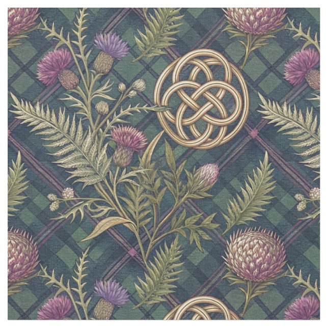 Scottish Thistle & Gold Celtic Knot Design Pattern Fabric (Close Up)