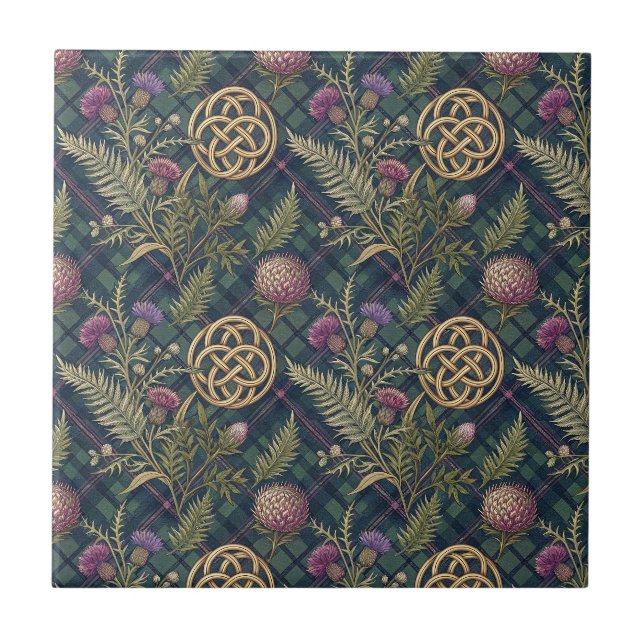 Scottish Thistle & Gold Celtic Knot Design Pattern Tile (Front)