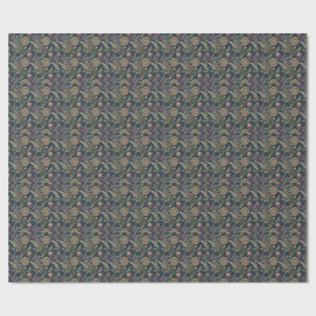 Scottish Thistle & Gold Celtic Knot Design Pattern Wrapping Paper (Flat)