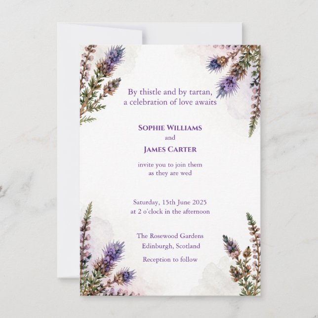 Scottish Thistle Heather Watercolour Invite (Front)