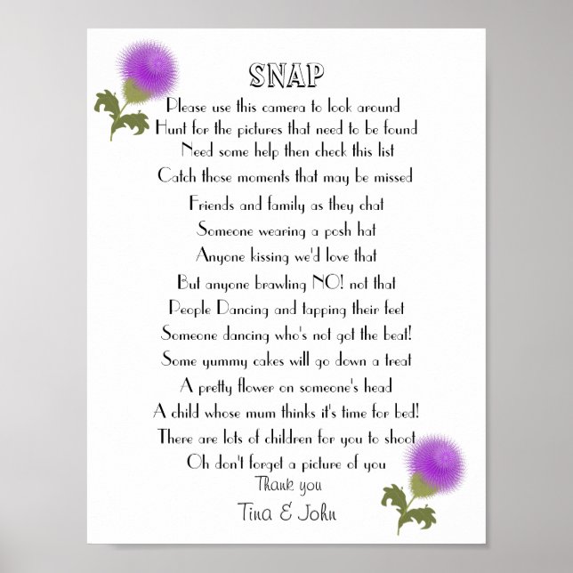 Scottish Thistle I Spy Snap Wedding Photo Game Poster (Front)