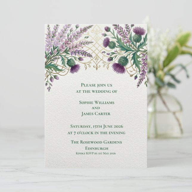 Scottish Thistle Lavender Gold Wedding Invitation (Standing Front)