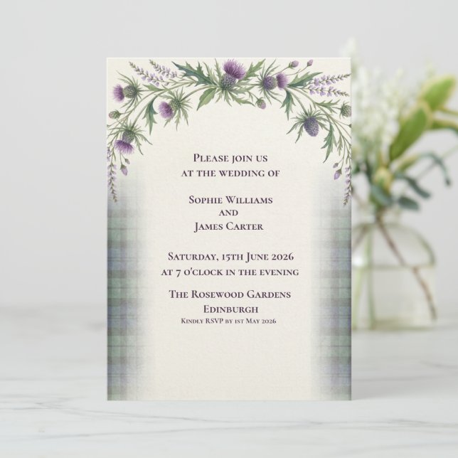 Scottish Thistle Lavender Top Garland Wedding Invitation (Standing Front)