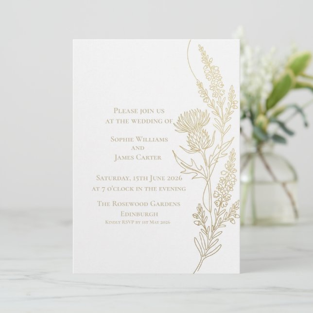Scottish Thistle Line Art Botanical Gold Wedding Invitation (Standing Front)