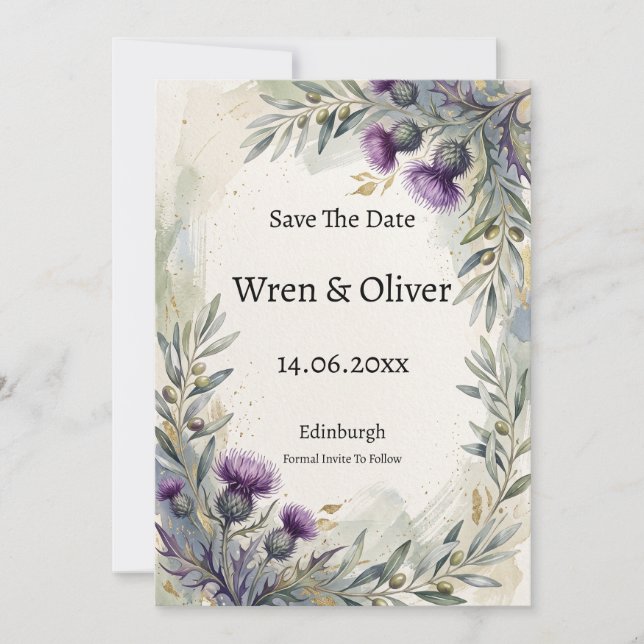 Scottish Thistle Olive Botanical Save The Date (Front)