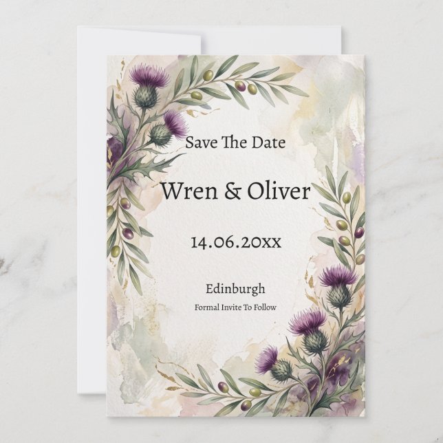 Scottish Thistle Olive Branch Save The Date Card (Front)