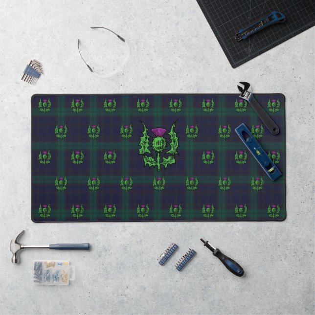 Scottish Thistle on Dark Tartan Custom Monogram Desk Mat (Workstation)