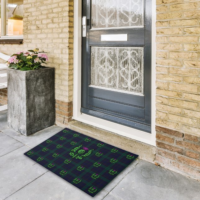Scottish Thistle on Dark Tartan Custom Monogram Doormat (Creator Uploaded)