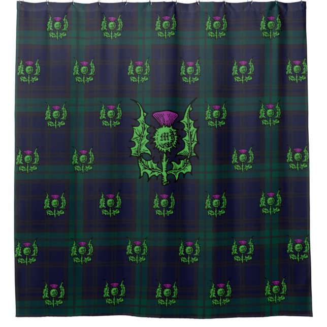 Scottish Thistle on Dark Tartan Custom Monogram Shower Curtain (Front)
