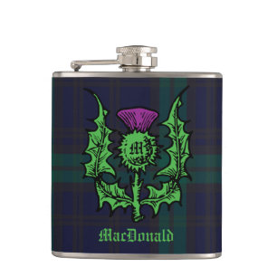 Scottish Thistle on Dark Tartan Custom Name Hip Flask