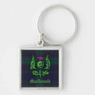 Scottish Thistle on Dark Tartan Custom Name Key Ring