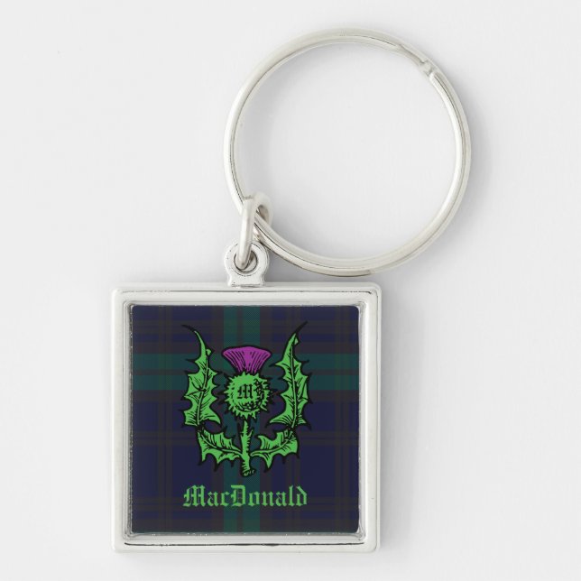 Scottish Thistle on Dark Tartan Custom Name Key Ring (Front)