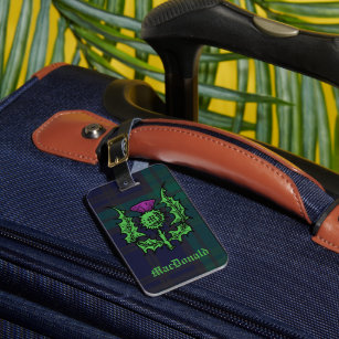 Scottish Thistle on Dark Tartan Custom Name Luggage Tag