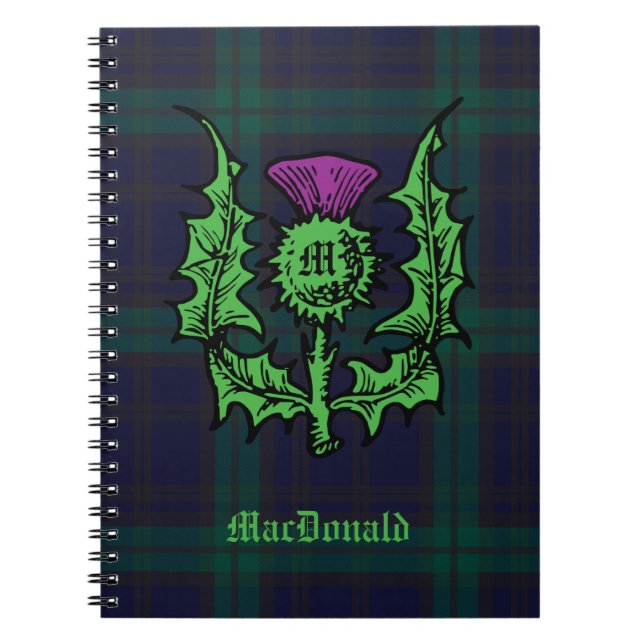 Scottish Thistle on Dark Tartan Custom Name Notebook (Front)