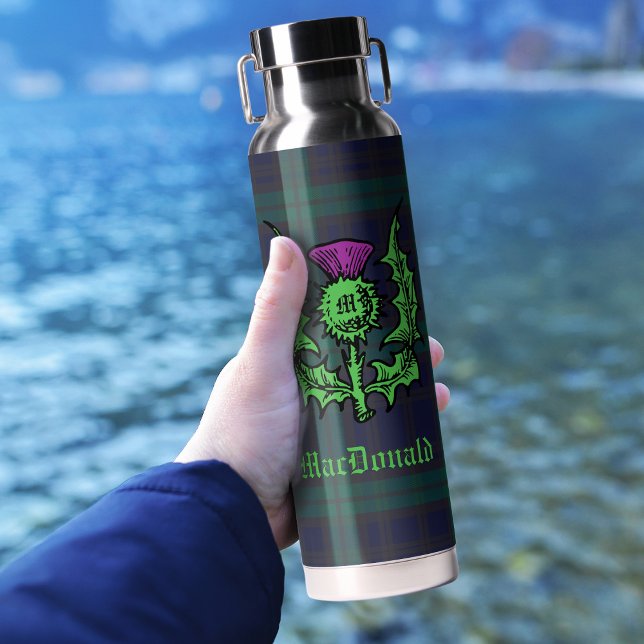 Scottish Thistle on Dark Tartan Custom Name Water Bottle (Creator Uploaded)
