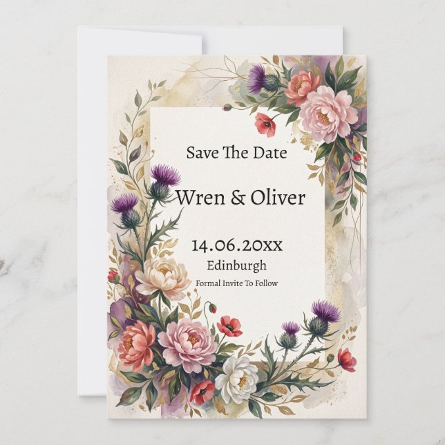 Scottish Thistle Peony Botanical Save The Date (Front)