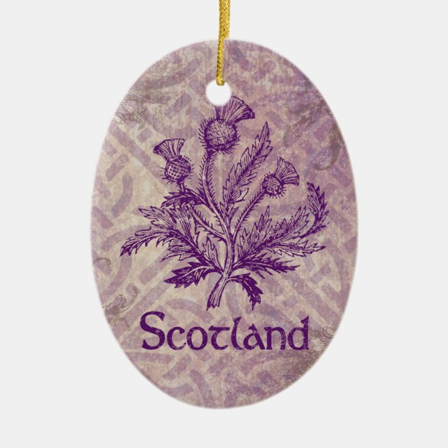 Scottish Thistle Purple Celtic Knot Ceramic Tree Decoration (Front)