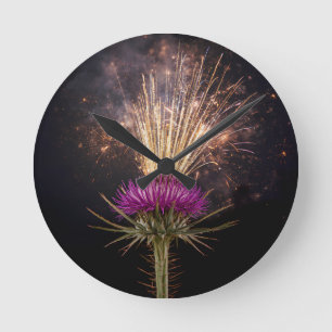 Scottish Thistle Purple Fireworks Round Clock Vi
