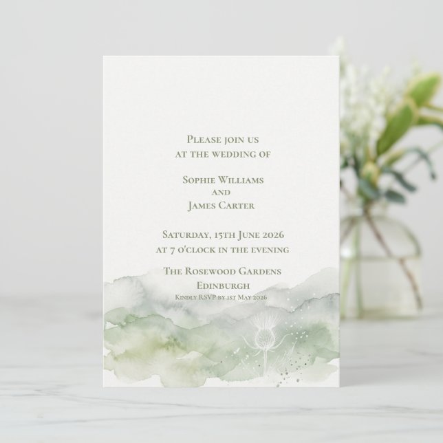 Scottish Thistle Sage Green Watercolour Wedding Invitation (Standing Front)