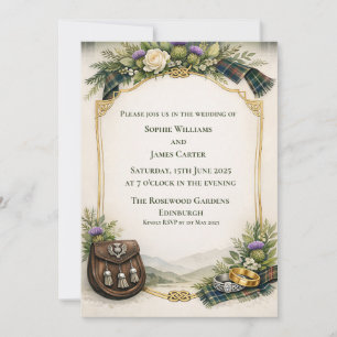 Scottish Thistle Sporran Tartan Celtic Wedding Inv Invitation