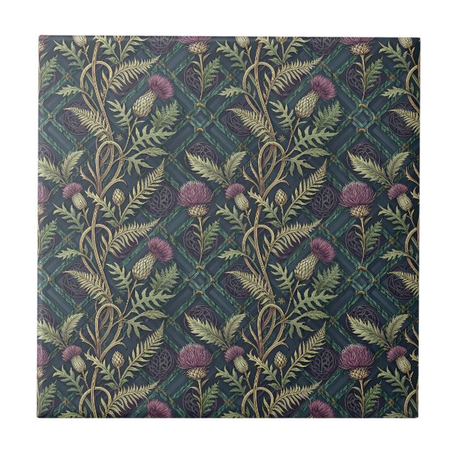Scottish Thistle & Tartan Heritage Floral Pattern Tile (Front)