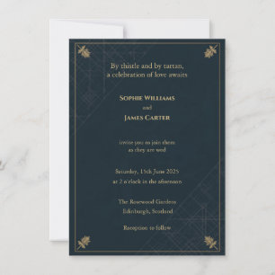 Scottish Thistle Tartan Navy Gold Wedding Invitati Invitation